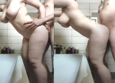 White Girlfriend Standing Fucking With Lover And Taking Cum On Boobs
